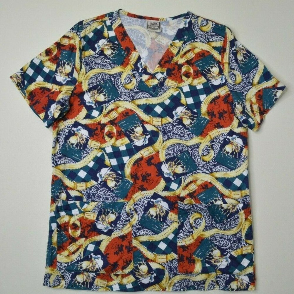 Just‎ Cotton Sz SMALL Women RODEO COWBOY Western Medical Nurse Dental SCRUB Top